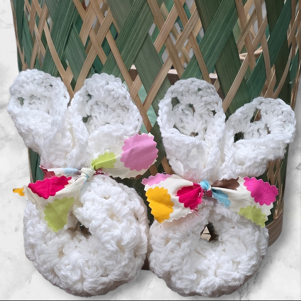 Hand Crafted White Crochet Baby Booties with Multicolor Floral Bows